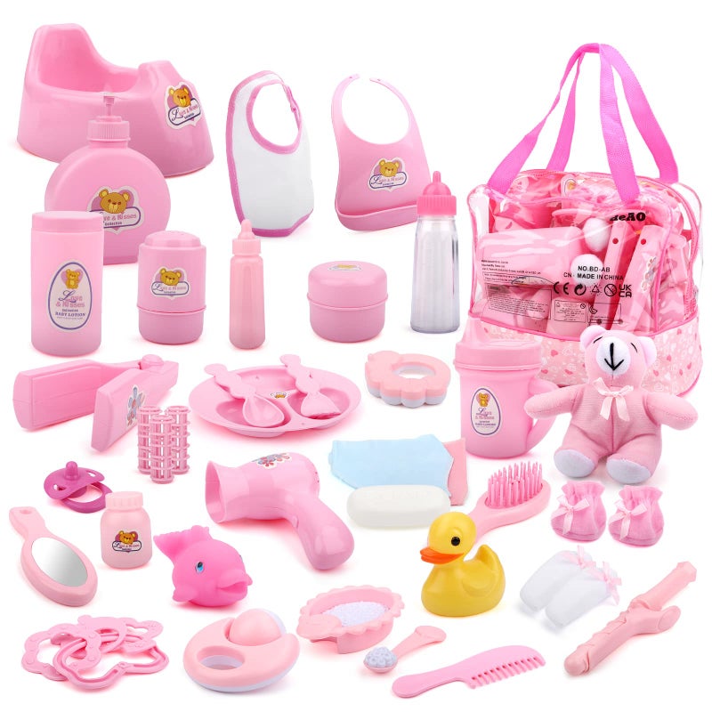 deAO 40 Piece Baby Doll Accessories Bag with Baby Feeding Accessories, Clothes, Doll Bear, Bath Toys, Soother Dummy and Much More - Great Nurturing Pretend Toy for Kids! - Image 1